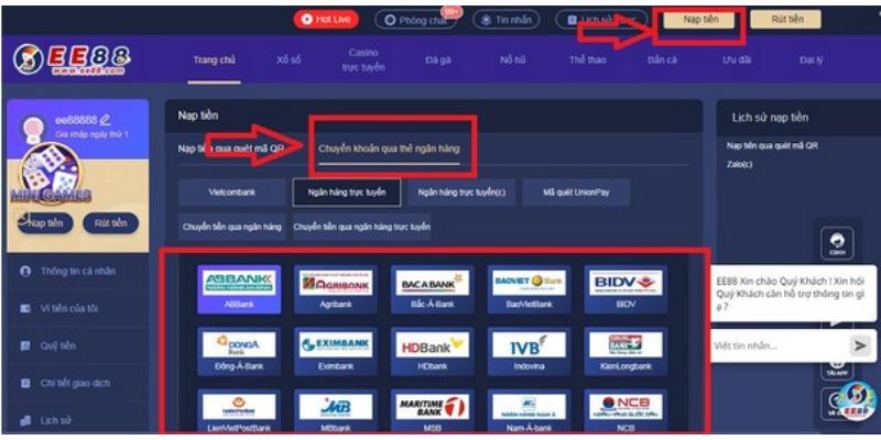 Nạp tiền ee88 bằng phương thức chuyển khoản ngân hàng tại nhà cái